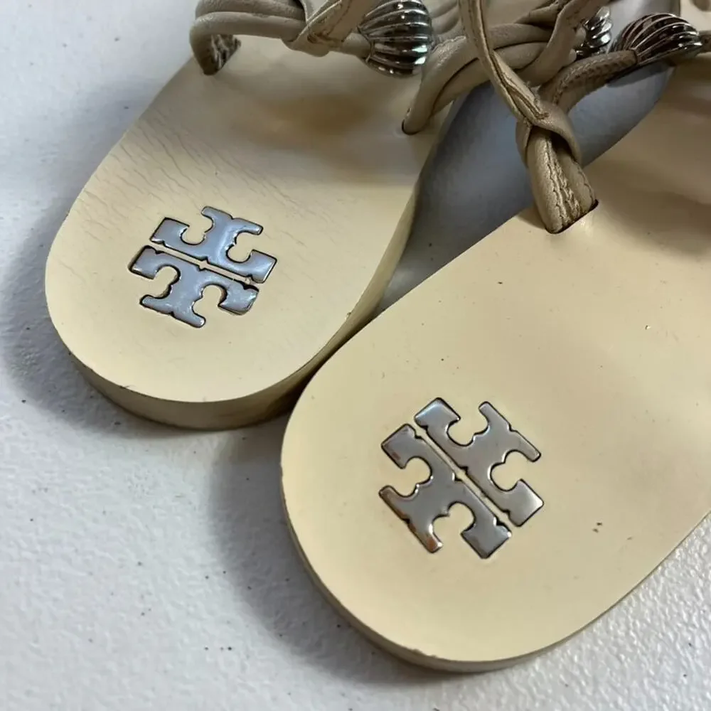 Tory Burch Sandals Women's 8.5 M Capri Multi Strap Ivory Leather Silver Charms